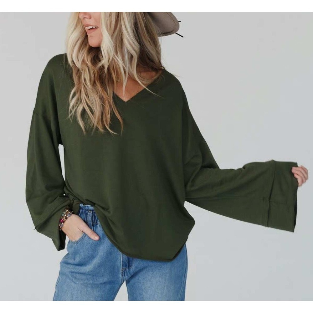 Three Bird Nest V Neck Sweater Womens L NWT Olive Boho Oversized Open Back